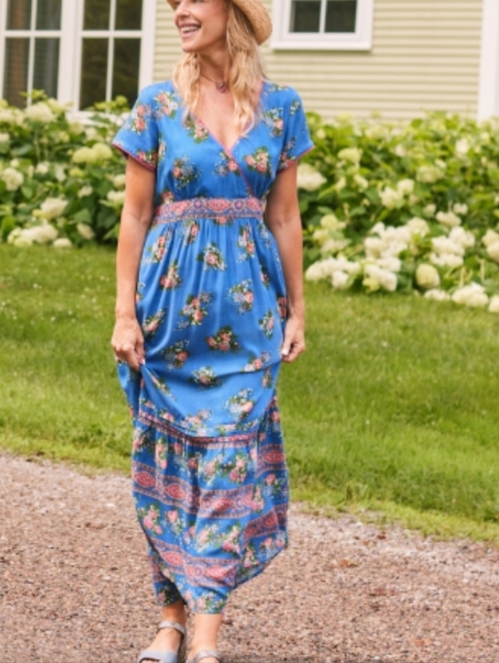 APRIL CORNELL Floral Maxi Wrap Style Dress Size L Blue Boho Cottagecore